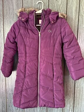 Calvin Klein Girls' Plum Quilted Puffer Coat with Faux Fur Trim girls size 8/10